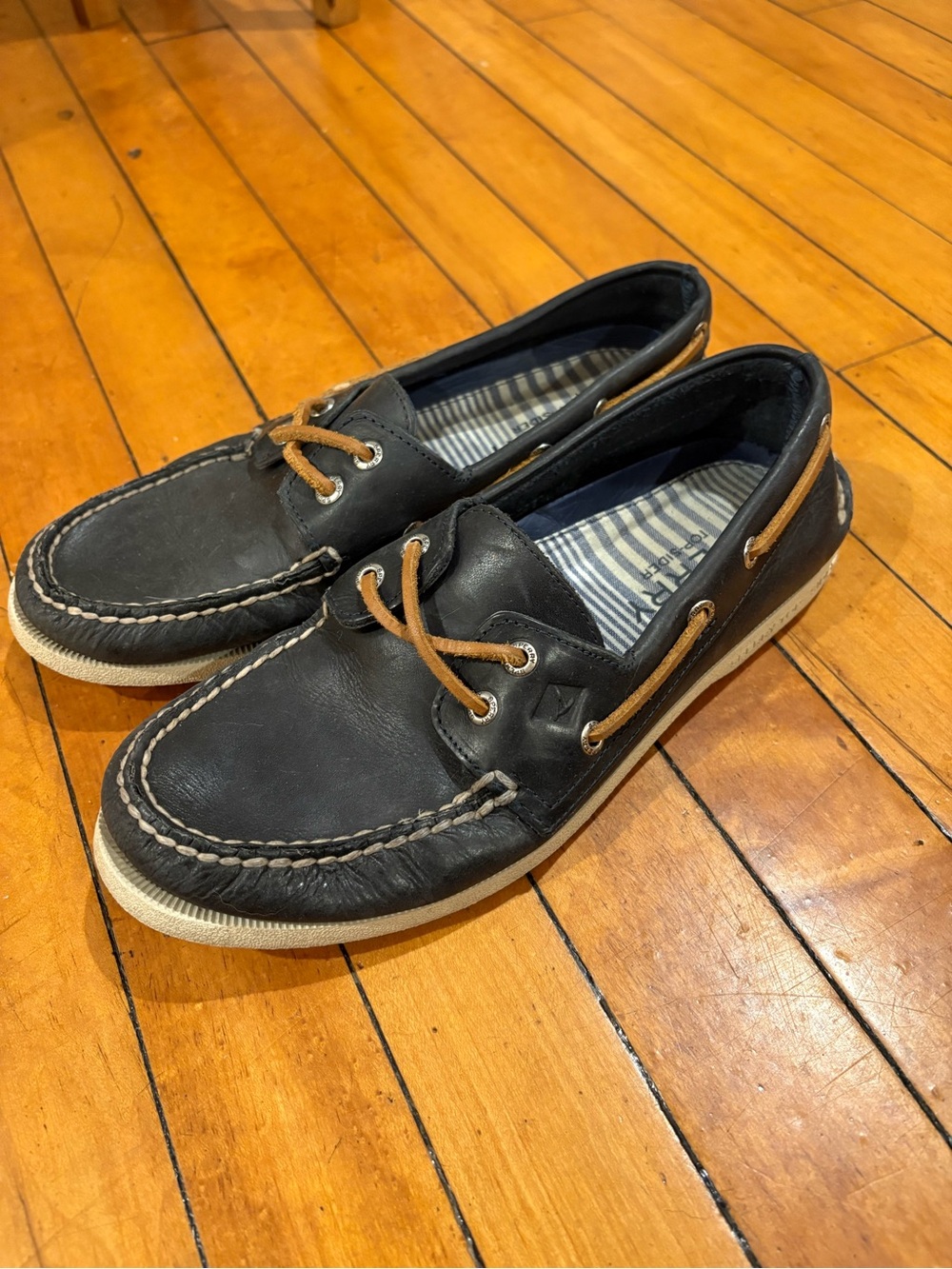 Sperry Navy Leather Boat Shoes with Tan Laces